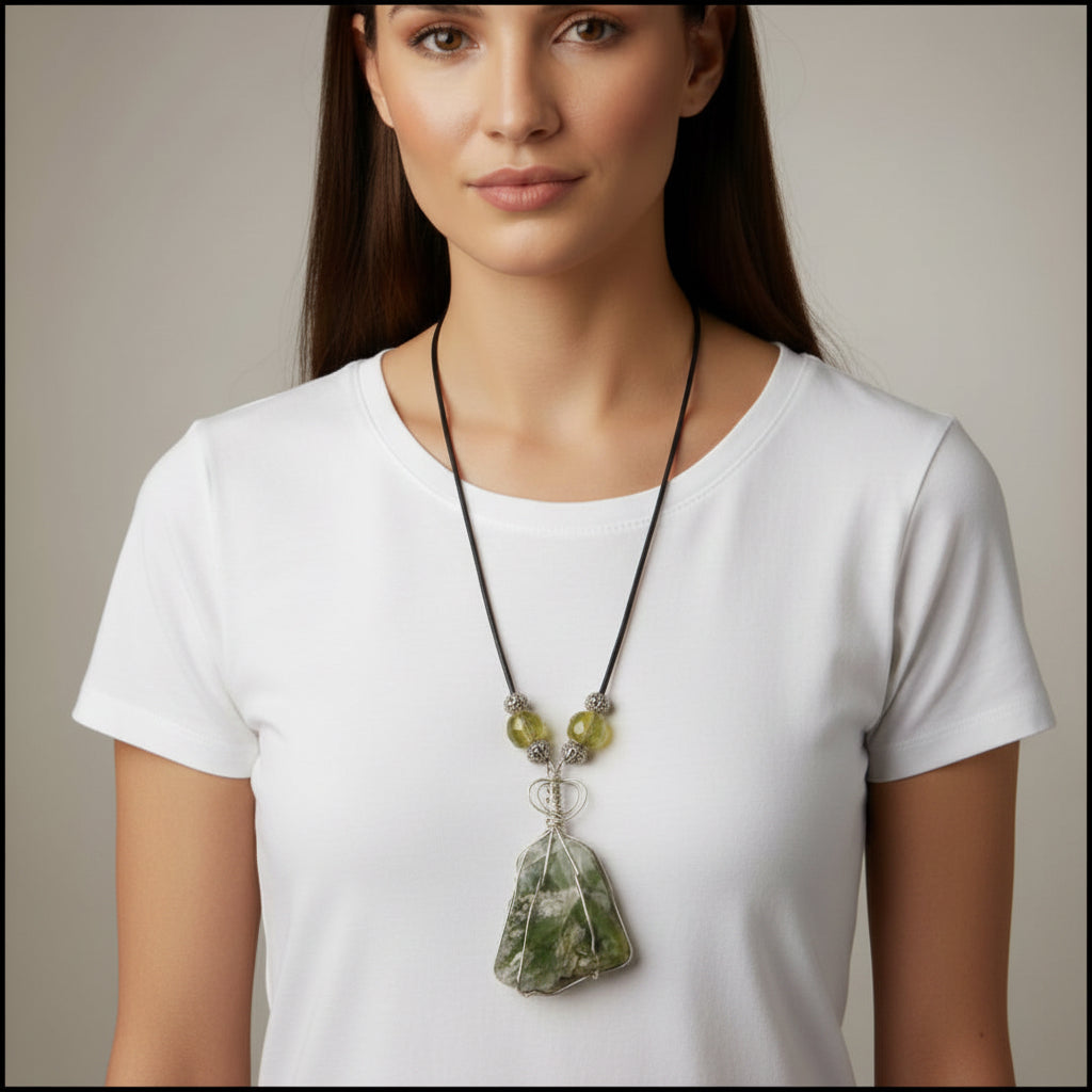 A handmade beaded necklace with a raw green crystal pendant, displayed on a model wearing a loose fitting white bohemian style blouse. The necklace features a black cord, textured silver beads, and translucent olive-green beads, with a large, irregularly shaped green crystal wrapped in silver wire at the center.