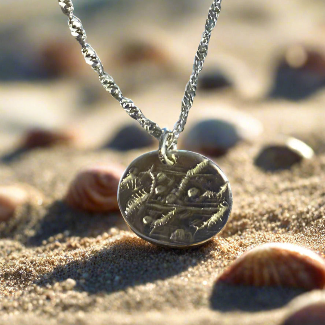 Silver Handmade Pendant on Chain with sand and seashells