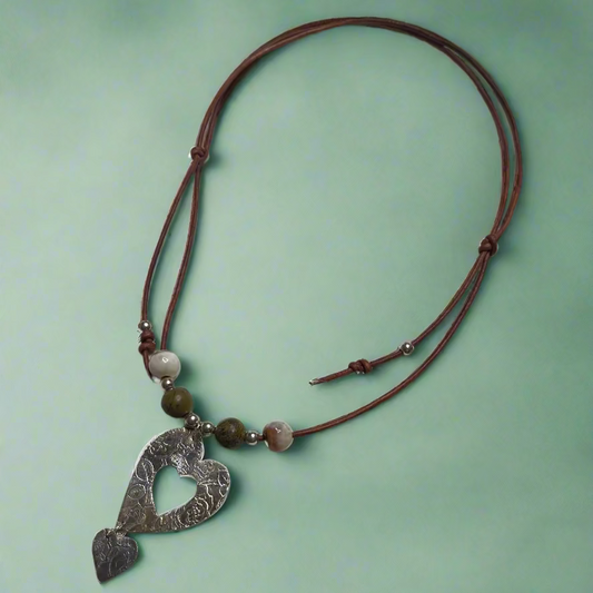 Fine Silver Heart Shaped Pendant with Agate beads on a leather cord with silver accents.