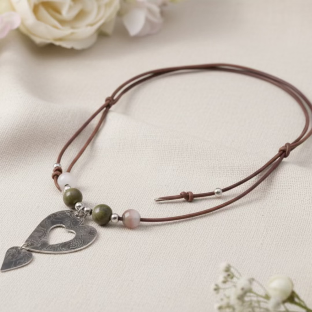 Fine Silver Heart Shaped Pendant with Agate beads on a leather cord with silver accents.