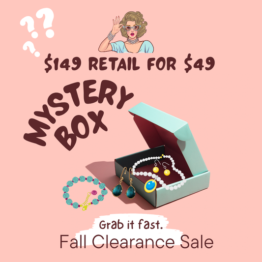 Promotional graphic for a mystery box with jewelry, featuring a woman waving and text about a fall clearance sale.
