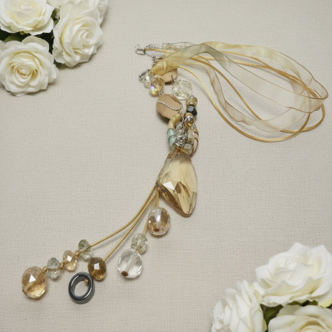Silk Ribbon necklace with crystal imitation gemstones and hematite. Unique style and statement piece. Arlana Exquisite Styles.