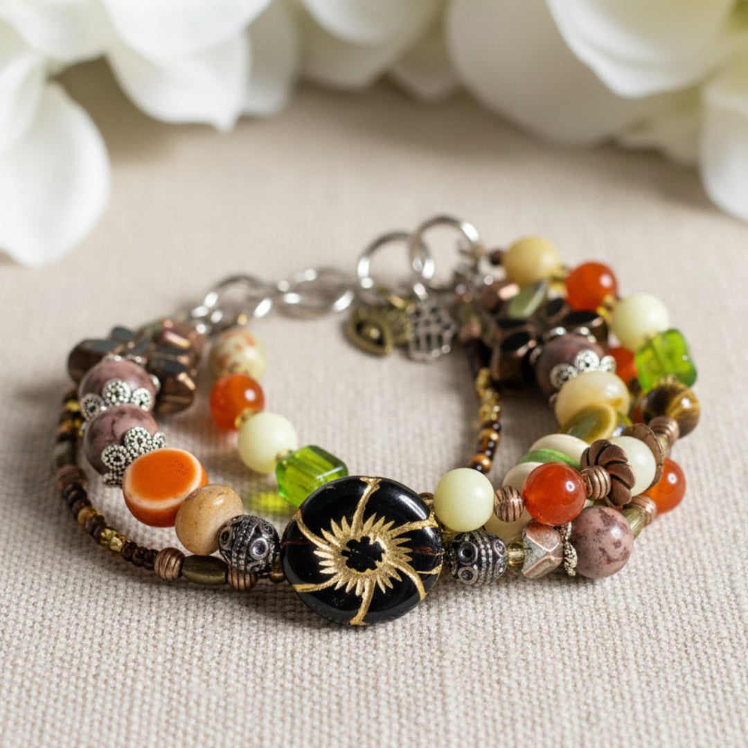 Multicolored beaded bracelet with charms on a textured surface and white floral in background.