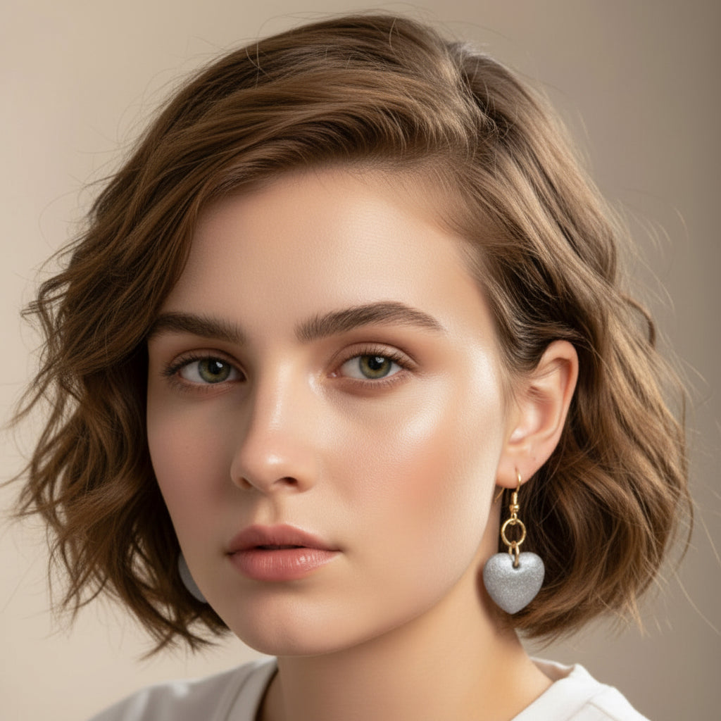 A pair of heart-shaped dangle earrings with a textured silver heart charm and gold-tone fishhook wires, displayed on a model with short, stylish, dark blonde hair.