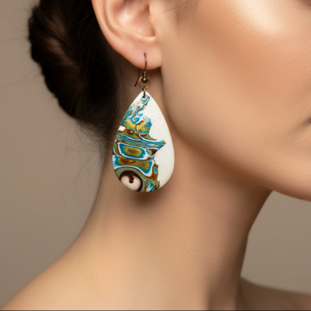 A pair of teardrop-shaped drop earrings with a white textured base and marbled blue, green, and gold abstract patterns, hanging from copper-toned fishhook wires. 