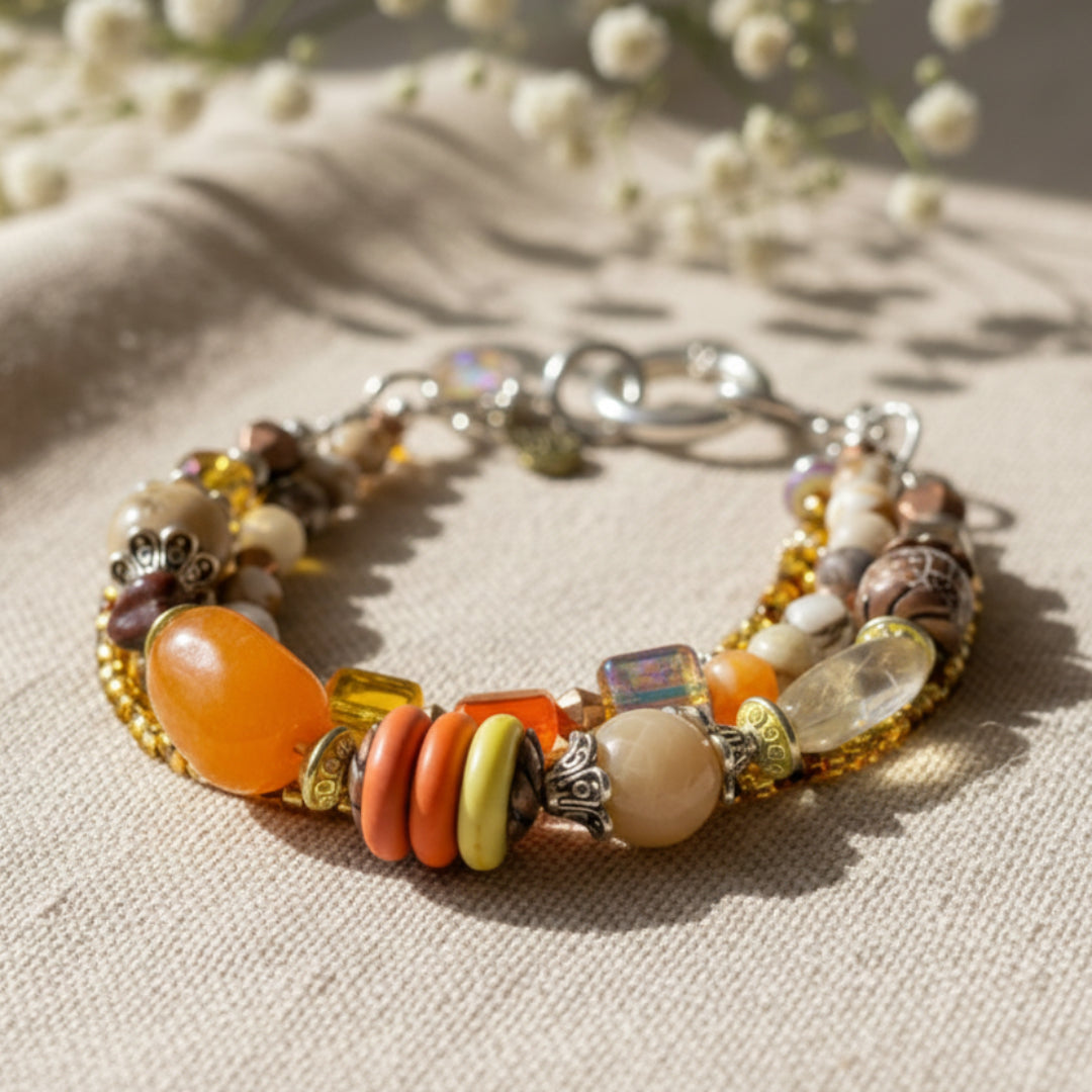 Colourful sandstone and orange quartz bracelet on a linen background with soft floral accents.