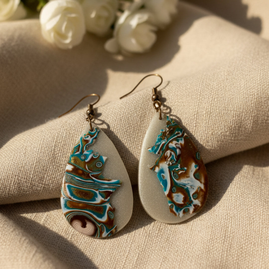 A pair of teardrop-shaped dangling earrings with a marbled pattern of turquoise blue, brown, and white on a frosted silver background, hanging from copper-toned fishhook wires.