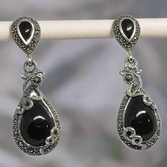 sterling-silver-onyx- marcasite-earrings
